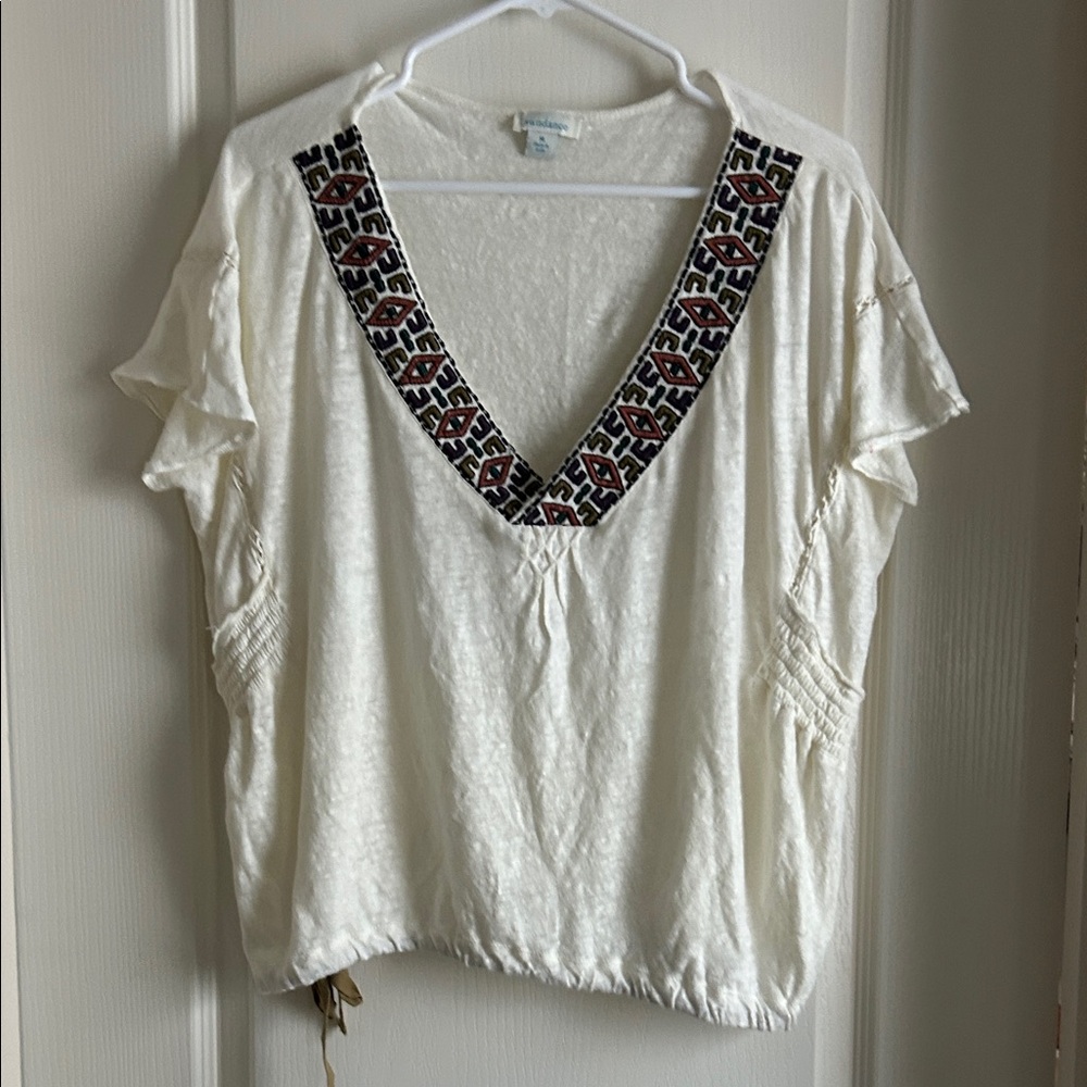 Sundance Cream V-Neck Tunic with Multicolor Embroidered Trim